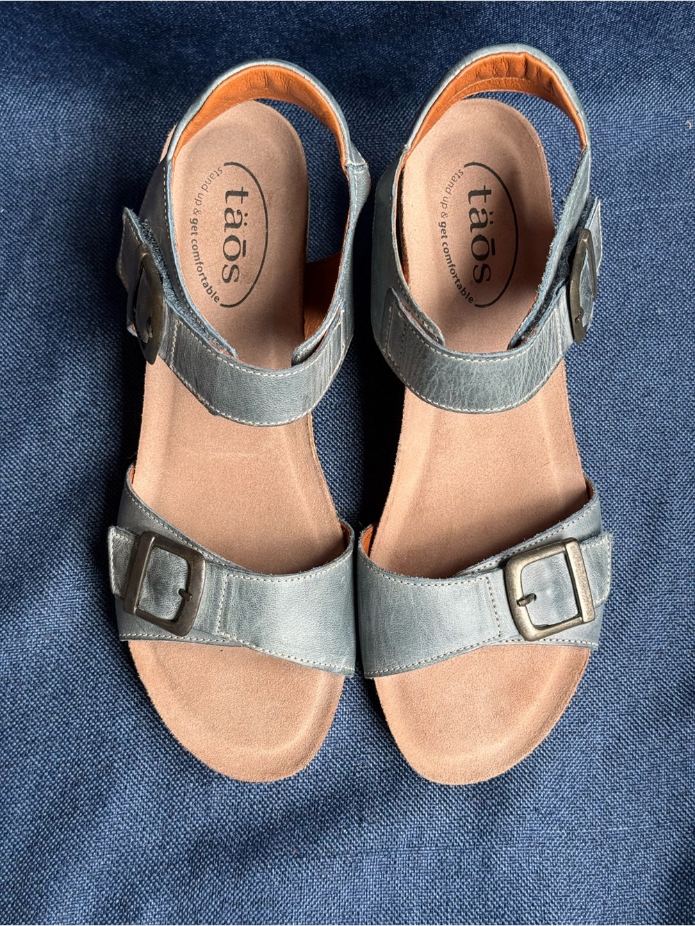 NWOT 2021 Taos Buckle Up Slate Blue Leather Cork Wedge Comfort Sandals EU 39 US